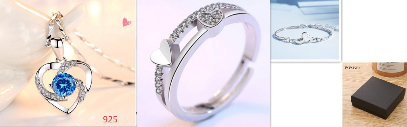 925 Sterling Silver Heart Bracelet Ring Necklace