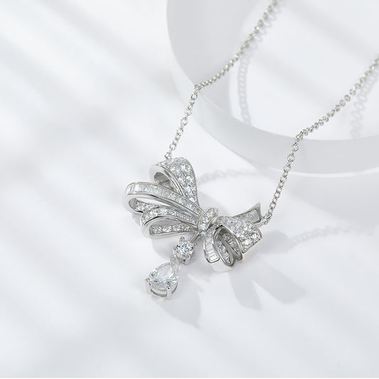 925 Sterling Silver Platinum Moissanite Ribbon Necklace