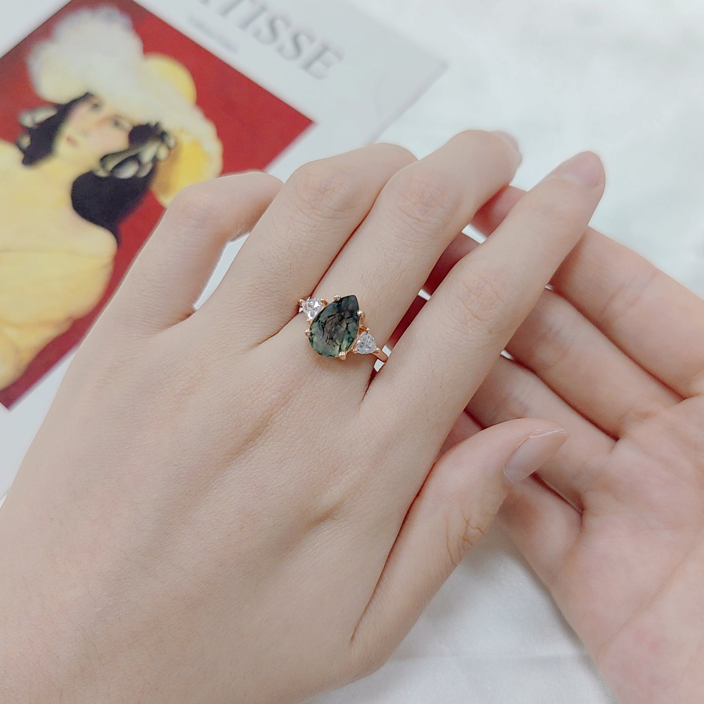 925 Sterling Silver Rose Gold Natural Water Agate Moissanite Ring