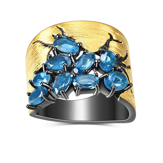 925 Sterling Silver Gold Inlaid Amethyst London Blue Topaz Peridot Ring