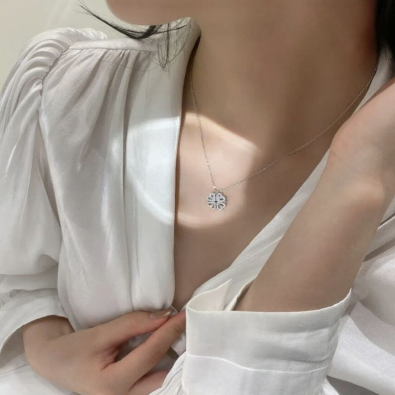 Magnetic Folding Heart Four Leaf Clover Necklace