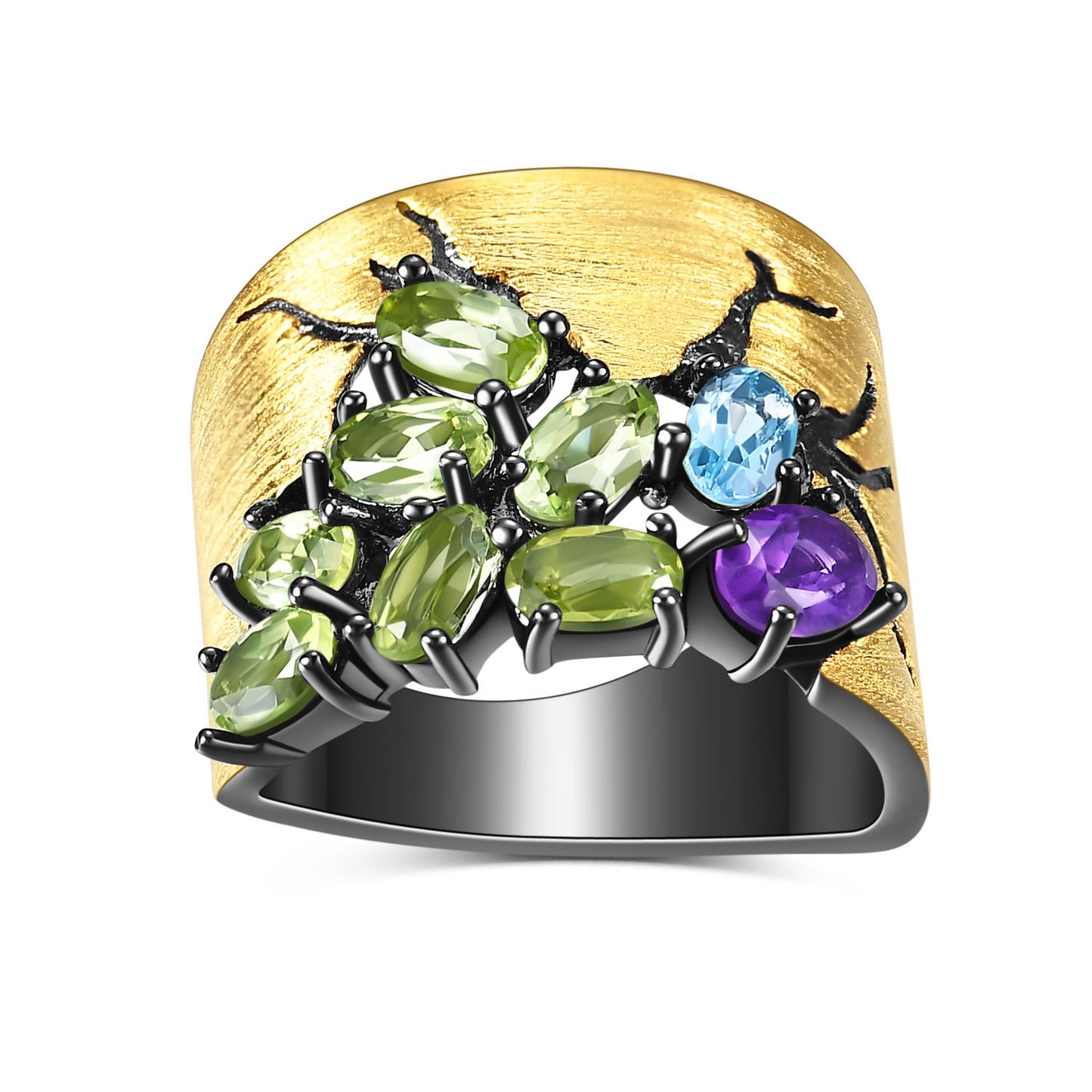 925 Sterling Silver Gold Inlaid Amethyst London Blue Topaz Peridot Ring