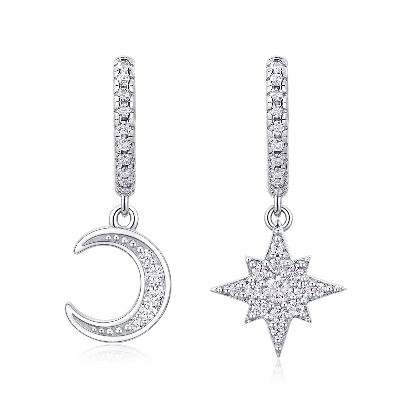 925 Sterling Silver Platinum Moissanite Star and Moon Earrings