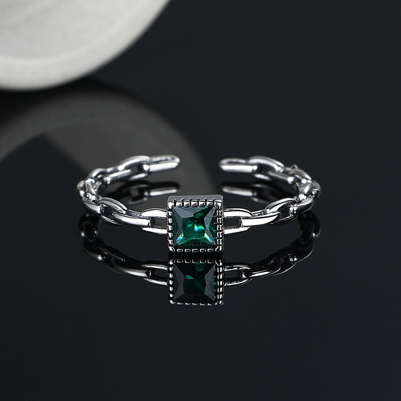 925 Sterling Silver Green Zircon Chain Ring