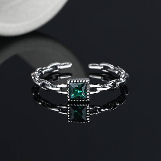 925 Sterling Silver Green Zircon Chain Ring