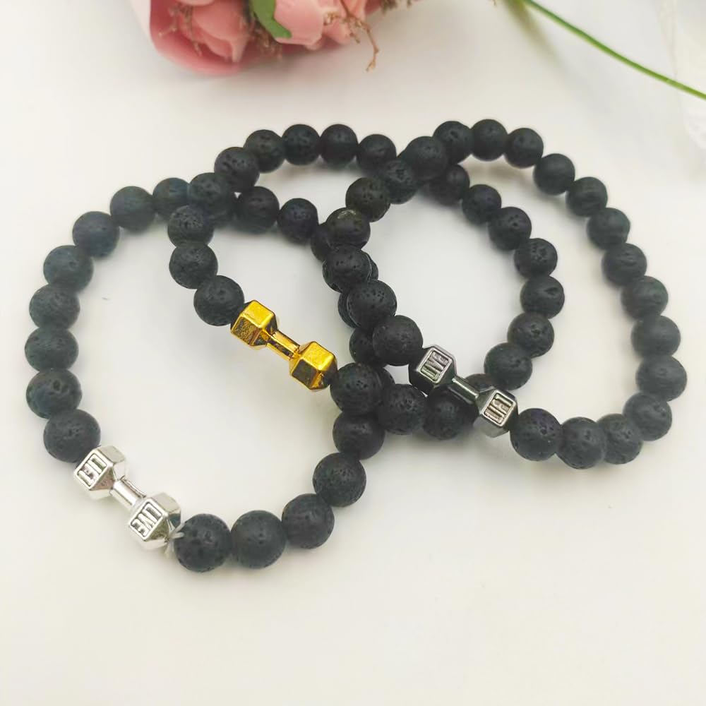 Lava Rock Stone Beads Alloy Metal Barbell Bracelet